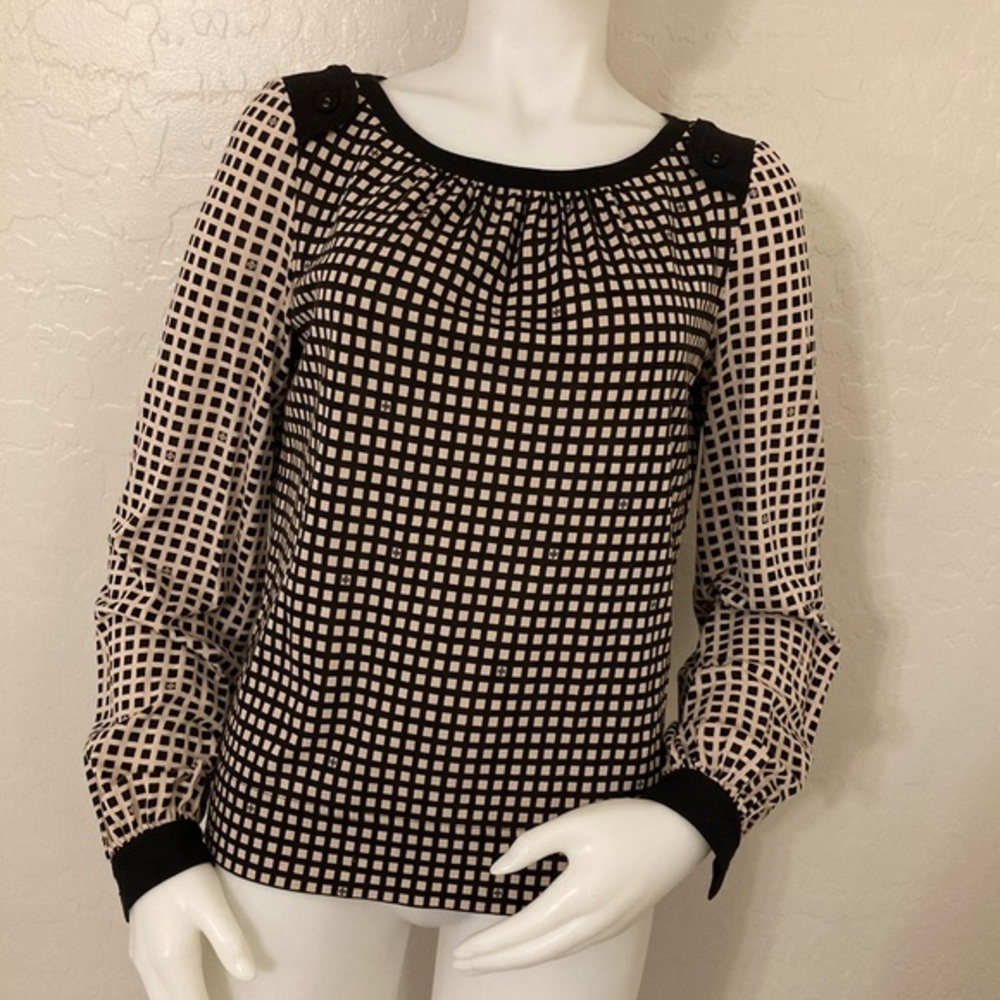 Tory Burch Black/Tan Checked Long Sleeve Blouse Small